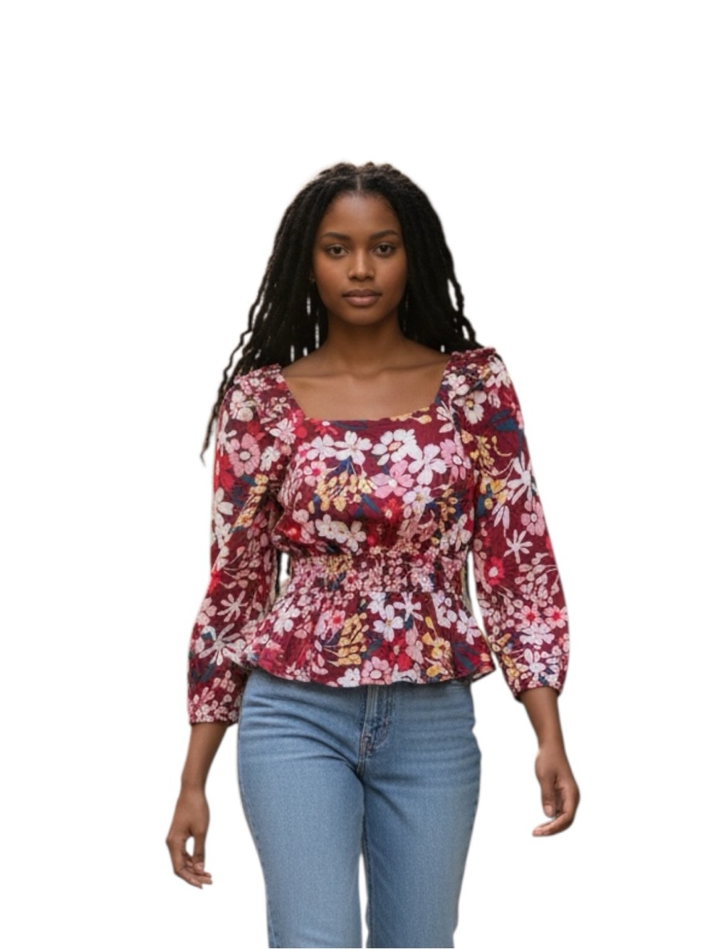 Emily Wonder Floral Square-Neck Peplum Rayon Blouse in Burgundy NWT Size S